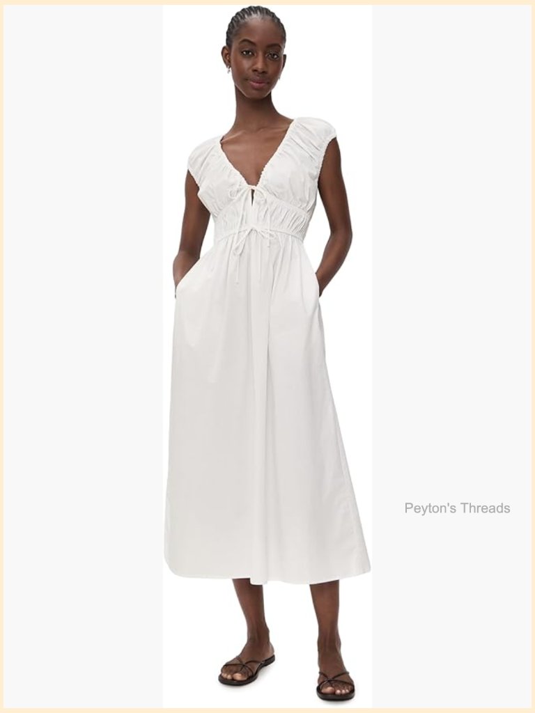 Wayf Liv Ruched Midi Dress V-Neck Sleeveless Cotton Poplin Pockets Elastic Waist